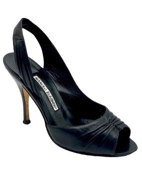 Manolo Blahnik Mona Slingback Open Toe High Heel Black Napa Leather Sandal IT 38
